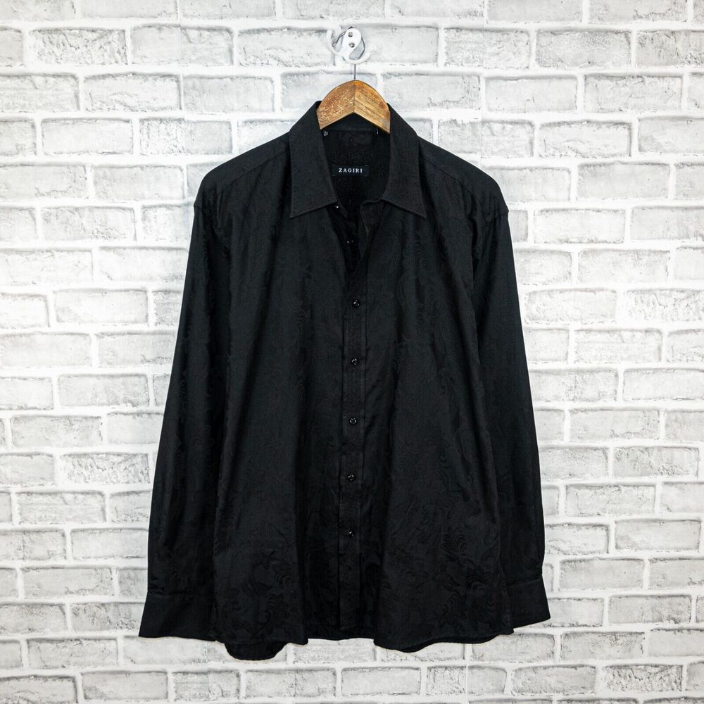 ZAGIRI Men's Black Floral jacquard Button down Shirt Long Sleeve Size XL